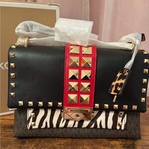 Michael Kors Black and Red Studded Shoulder Bag